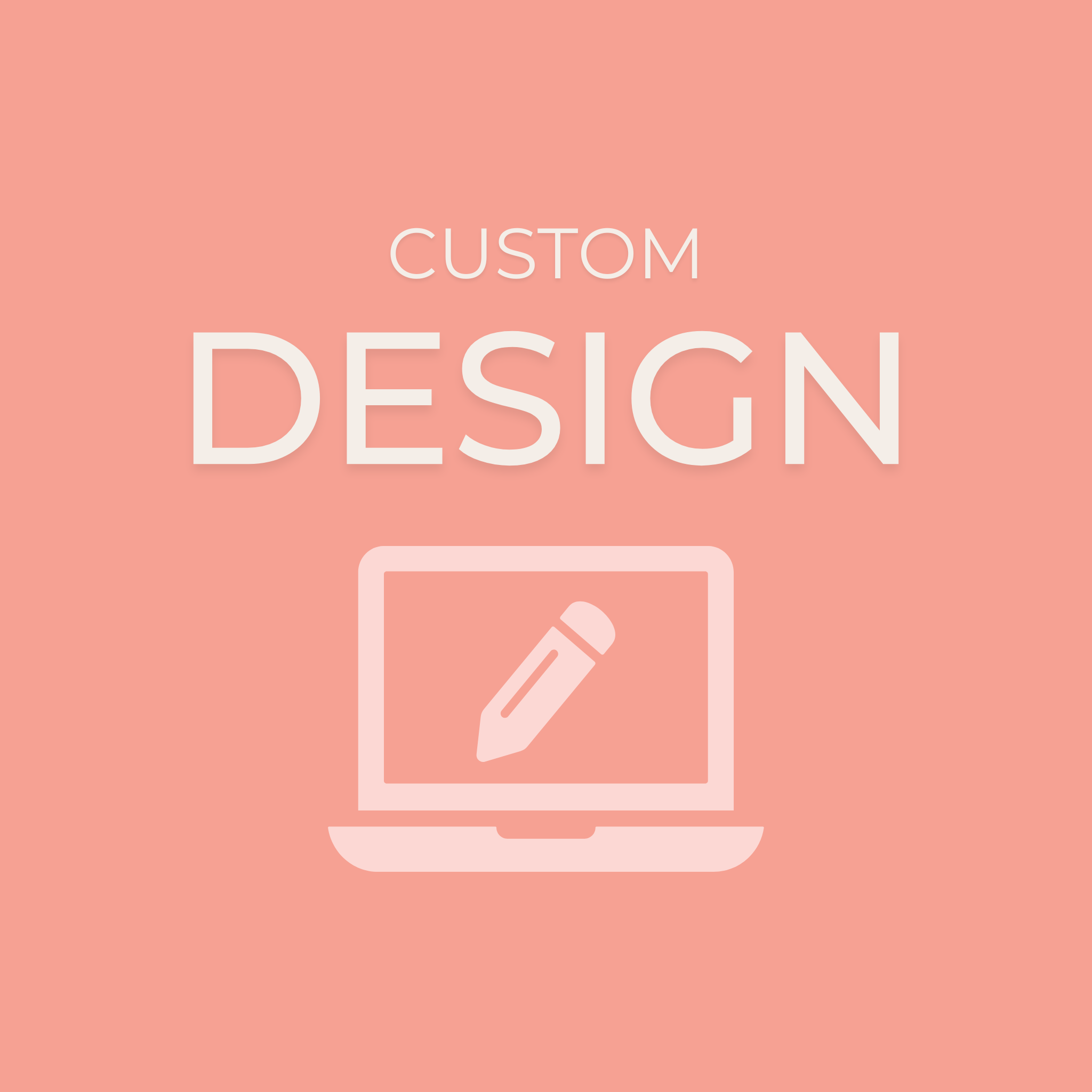 Pink background with 'Custom Design' text and a laptop icon.